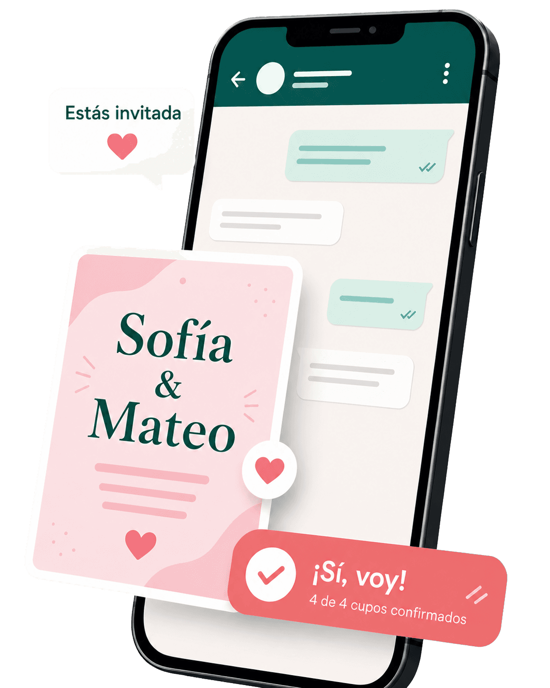 Teléfono con una invitación digital de Sofía y Mateo y confirmación de cuatro cupos